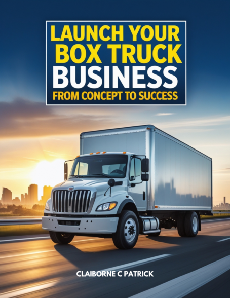 a modern box truck driving on an open highway at sunrise,